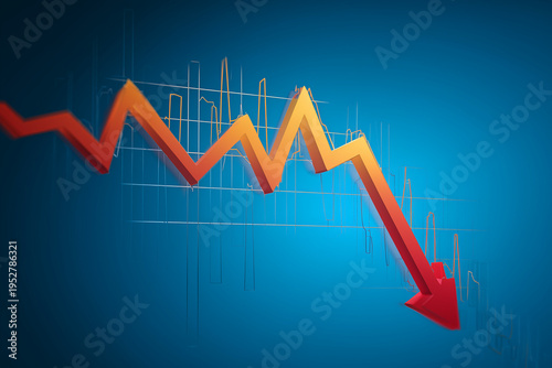 Falling graph with red arrow showing economic downturn, financial crisis and declining market performance. Concept of loss, risk and business instability