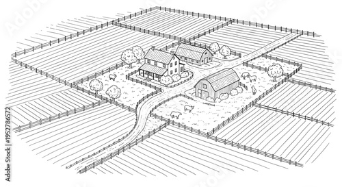 Vineyard estate with buildings and rows of vines, Generative AI.