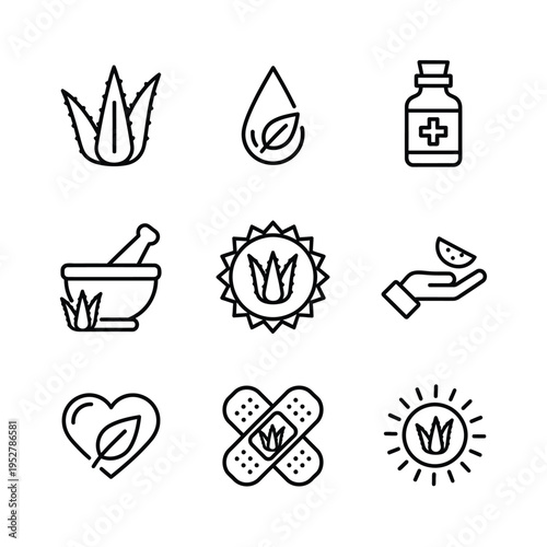 Aloe Vera Icons Set for Health and Beauty Products.
