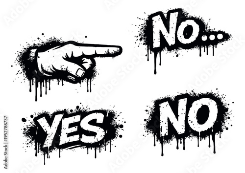 Grunge line art communication elements set featuring a pointing hand and yes no text for expressing decisions