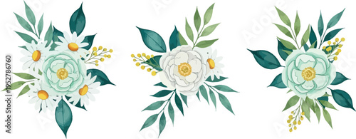 Elegant watercolor floral arrangements featuring delicate roses, daisies, and lush green leaves, perfect for various design projects.