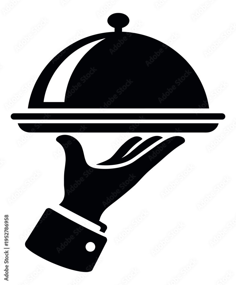 Fototapeta premium Iconic illustration of a waiter's hand serving a cloche depicting professional service for hospitality