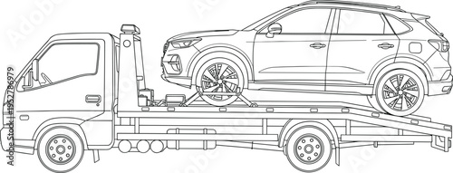 Car tow truck carrying SUV vehicle line art vector illustration, roadside assistance transport service design, cad drawing flat vector illustration