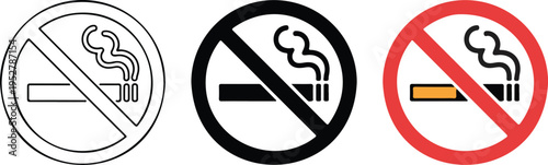 Set of three no smoking signs in line art silhouette and red prohibition symbol isolated on white background