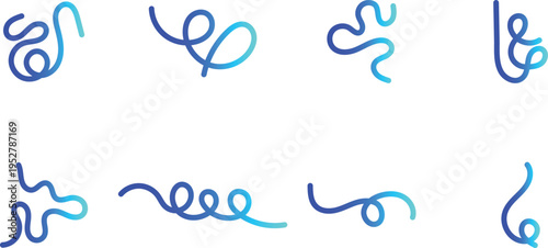 Squiggle set of abstract blue gradient wavy lines and curly doodle shapes isolated on a white background for modern graphic design projects.