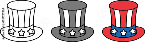 Set of three Uncle Sam top hats in line art silhouette and patriotic color vector illustration