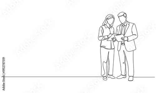 One single line drawing of two young male and female workers watching stock movements. Stockbroker concept. Modern continuous line draw design