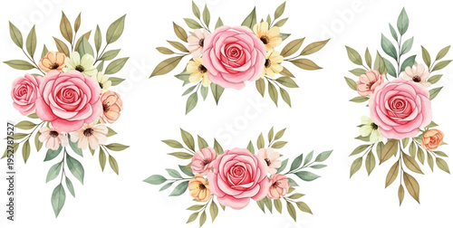 Beautiful watercolor floral bouquets featuring delicate pink roses, soft yellow, peach, and white flowers, with elegant green leaves on a clean white background.