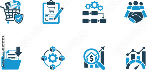 Business icons in flat style, including security, process workflow, team partnership, and finance marketing technology symbols