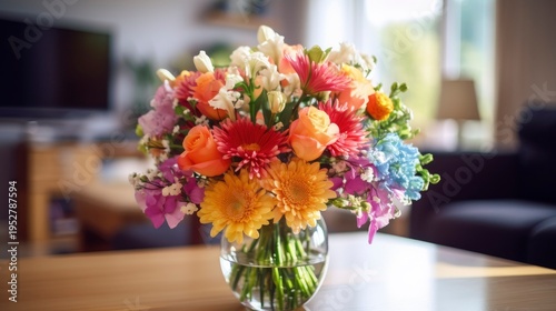 A photo of a colorful bouquet in a clear glass vase