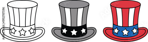 Set of three Uncle Sam top hats in line art silhouette and patriotic color vector illustration