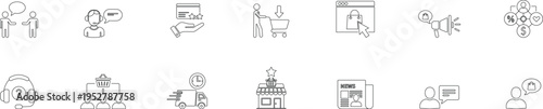 Business icons set featuring thin line symbols for customer support, online shopping, marketing, logistics, and corporate communication. Editable stroke.