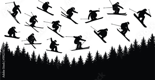 Silhouette skier jumping forest, winter sports action, ski trick motion sequence, athlete performance, snow mountain adventure, extreme skiing illustration, dynamic pose