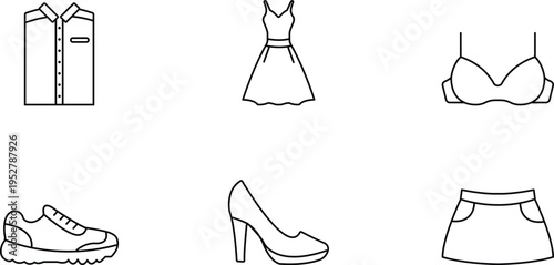 Fashion icons clothing shirt dress shoes apparel line art
