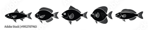 Collection fish marine silhouette icon vector set for logo, clean minimal ocean life symbols, modern aquatic creature shapes, simple underwater icons, black and white isolated design, scalable vector 