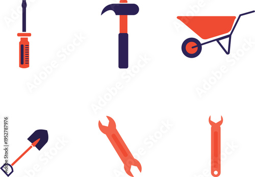 Construction tools icons hammer shovel wheelbarrow pliers equipment set