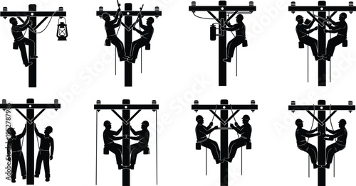 Silhouette of utility workers on poles, electrical repair, teamwork safety, energy infrastructure, electricity distribution, industrial technology, communication lines, maintenance illustration