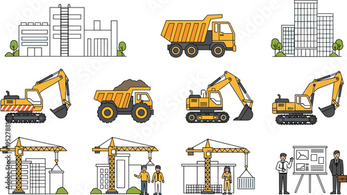 Construction process vector set with machinery, workers, cranes and building stages, industrial development and engineering workflow illustration
