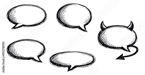 Hand drawn speech bubble set featuring varied shapes and a devil message for communication concepts