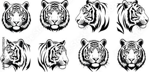 Tiger head silhouette illustration, wild animal artwork, predator face design concept, black and white wildlife vector template set for logos