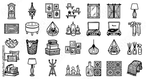 House Decor VectorModern Minimalist Home Decor Vector Icon Set, Hand-Drawn Thick Line Interior Design Elements, 25 Essential Household Decoration & Furniture Icons