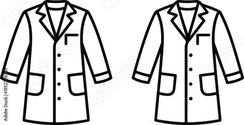 Set of two medical lab coat line drawings with different sleeve styles minimalist black and white illustration