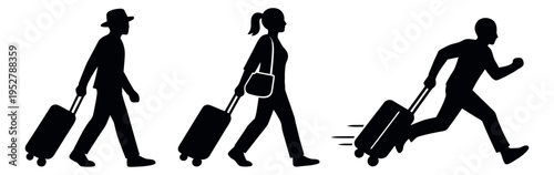 Silhouette people set featuring travelers walking and running with luggage for travel