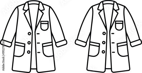 Set of two medical lab coat line drawings with different sleeve styles minimalist black and white illustration