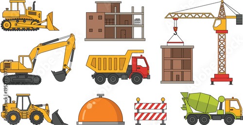 Construction machinery vector set with bulldozer, excavator, dump truck, crane and building elements, industrial equipment illustration