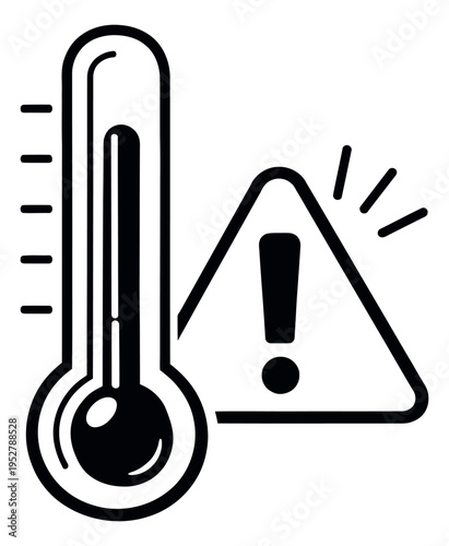Line art illustration of a thermometer and warning sign depicting a high temperature alert for environmental and health issues