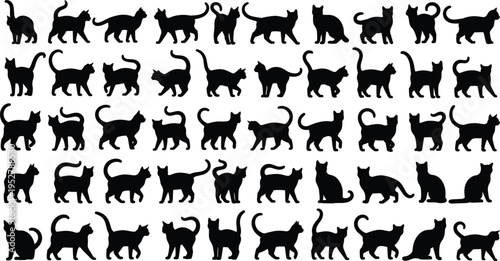 Cat silhouette collection set, various walking sitting standing feline poses bundle, cad drawing flat vector illustration isolated on white background
