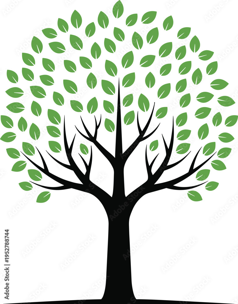 Obraz premium Tree silhouette illustration, vector art, green leaves, eco design, nature symbol, growth concept, environmental graphic, botanical icon, organic shape, modern symmetry
