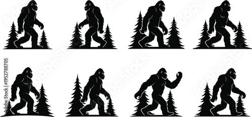 Bigfoot Sasquatch silhouettes walking forest pine trees, mythical creature vector illustration, folklore cryptid artwork, spooky wilderness design, mysterious animal clipart, legendary beast poses