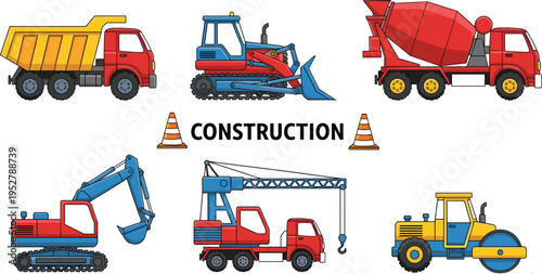Construction vehicles vector set with dump truck, cement mixer, excavator, crane truck and road roller, heavy machinery illustration