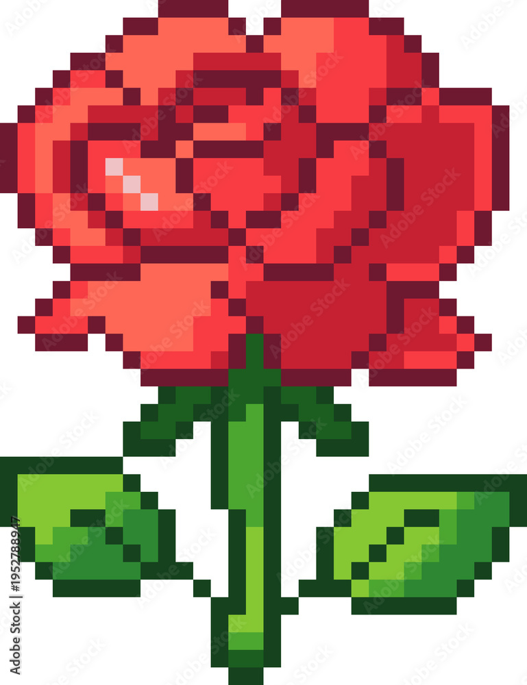 Fototapeta premium Pixel Art Rose Icon. Romantic Red Flower Retro Style
