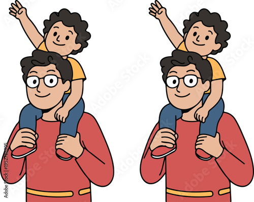 Cartoon illustration of father giving piggyback ride to happy child in minimalist flat style isolated on white