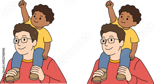 Cartoon illustration of father giving piggyback ride to happy child in minimalist flat style isolated on white