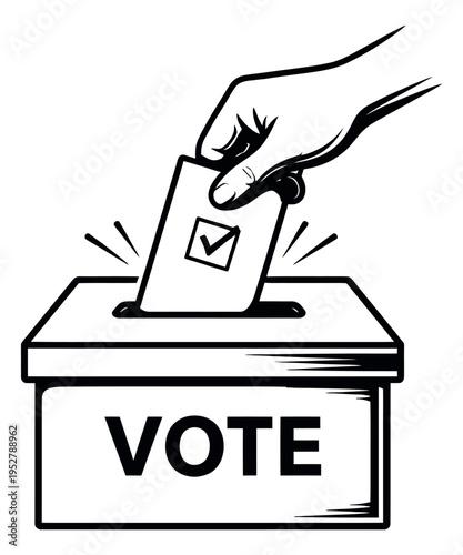 Hand drawn line art illustration of a hand and ballot box depicting casting a vote for elections and democracy