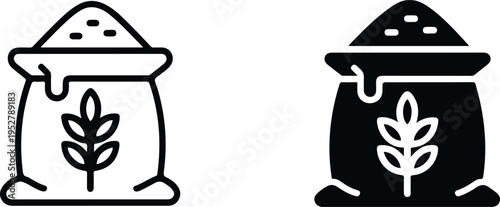 Set of two flour bag icons in line and solid style with wheat symbol minimalist baking vector