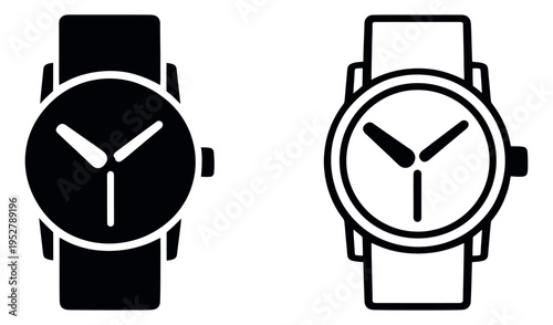 Minimalist watch icons set featuring solid and line art versions for timekeeping and graphic design