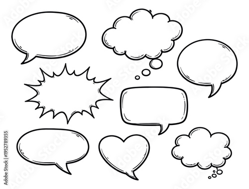 Hand drawn line art speech and thought bubble set featuring various shapes and styles for digital and print design projects