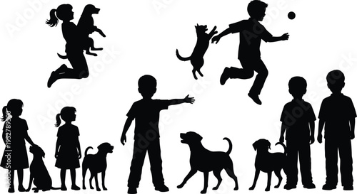 Children playing with dogs silhouettes, joyful pet companionship vector illustration, playful animal artwork design, cute clipart poses, creative decorative artwork, family fun