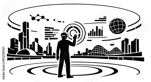Line art illustration of a person in a virtual reality headset depicting interaction with a digital interface in a futuristic urban setting for augmented reality and technology concepts