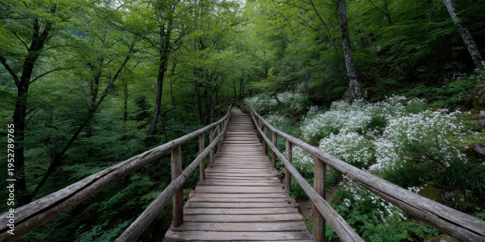 Fototapeta premium Wooden boardwalk forest walkway green path lined with white wildflowers and dense greenery leading up through a serene woodland