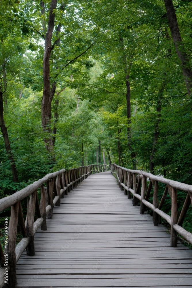 Obraz premium Wooden boardwalk through lush green forest canopy winding tranquil path surrounded by tall trees and dense foliage along a natural trail