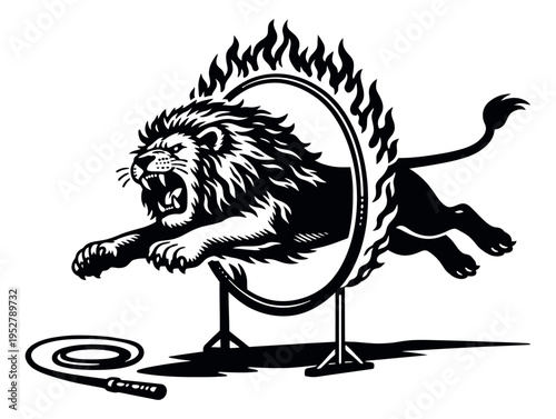 Stylized line art illustration of a powerful roaring lion depicting jumping through a flaming hoop for a circus performance