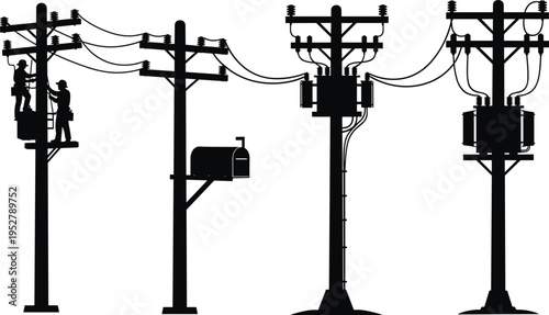 Utility poles silhouette illustration, electrical transformers with power lines, maintenance workers vector artwork, urban energy infrastructure design, distribution system silhouette art