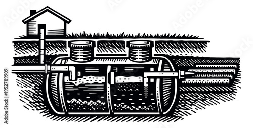 Hand drawn line art illustration of a septic tank system depicting a cross-section of its components and function for home waste management education