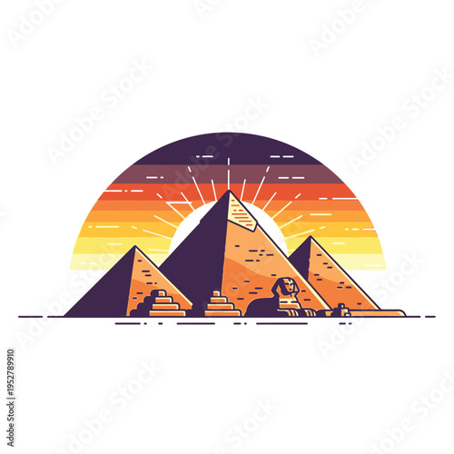 Ancient Egyptian Pyramids and Sphinx at Sunset.