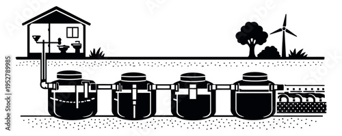 Line art illustration of a septic tank system depicting wastewater treatment for home waste management